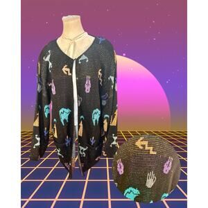 Vintage 80s French Rags 2 Black Pastel Southwestern Figures Cardi Sweater XL